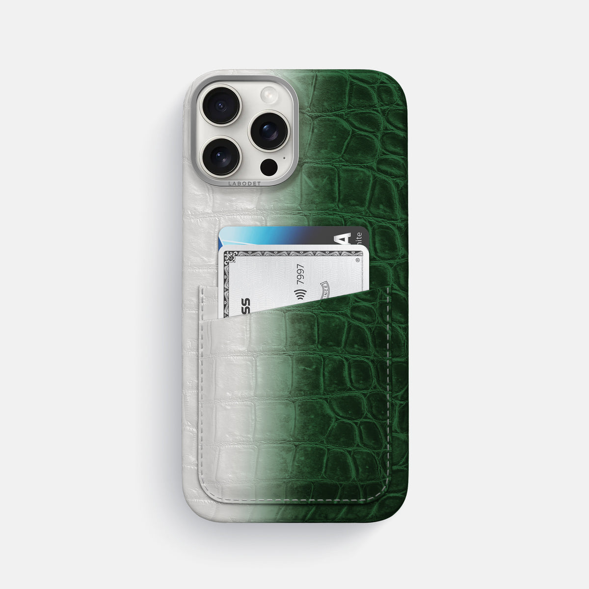 Green iPhone 16 Pro Max Card Case Himalayan Crocodile with Steel Metal -1 | Green-Steel