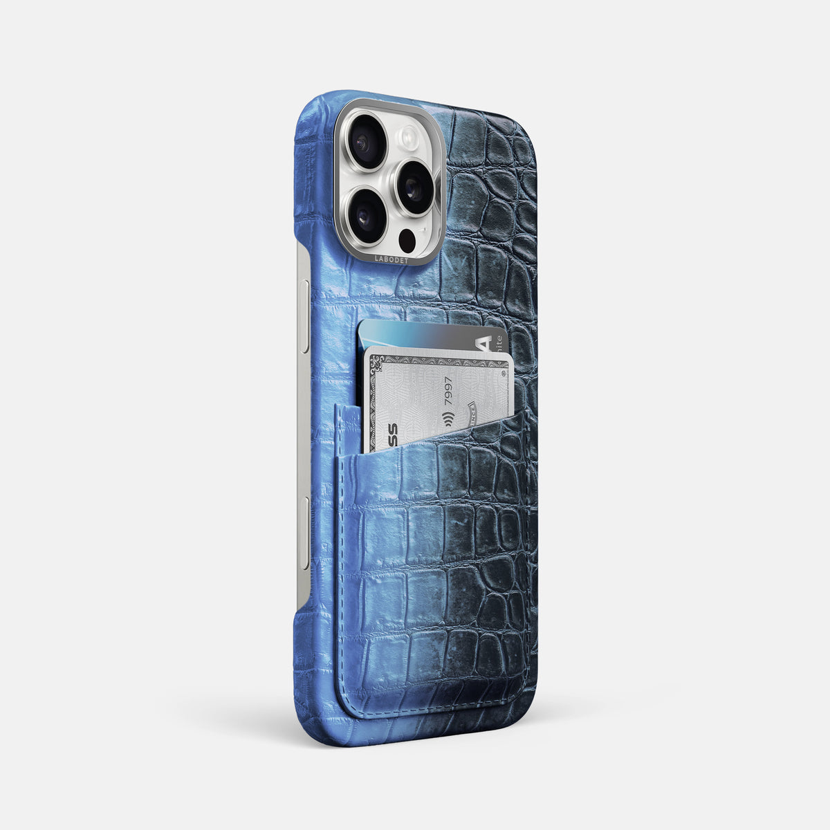 Lavender iPhone 16 Pro Max Card Case Himalayan Crocodile with Steel Metal -2 | Lavender-Steel