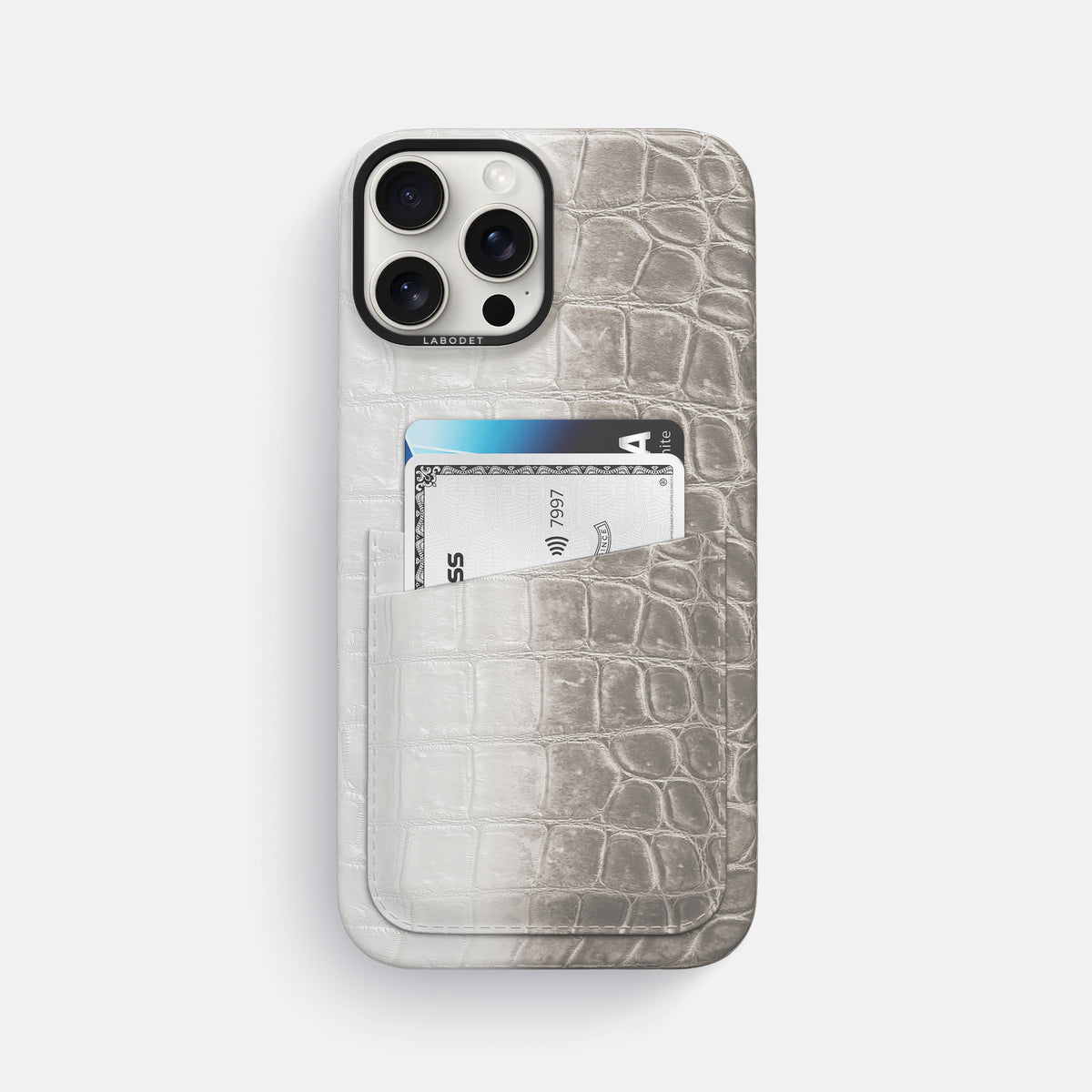Grey iPhone 16 Pro Max Card Case Himalayan Crocodile with Black Metal -1 | Grey-Black