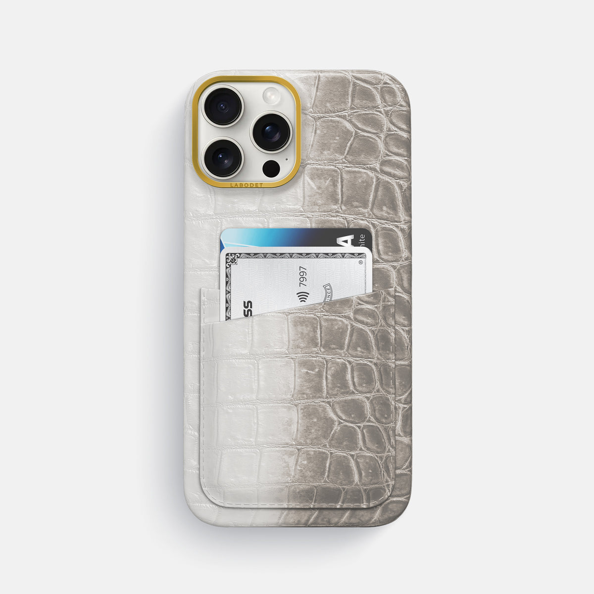 Grey iPhone 16 Pro Max Card Case Himalayan Crocodile with Gold Metal -1 | Grey-Gold