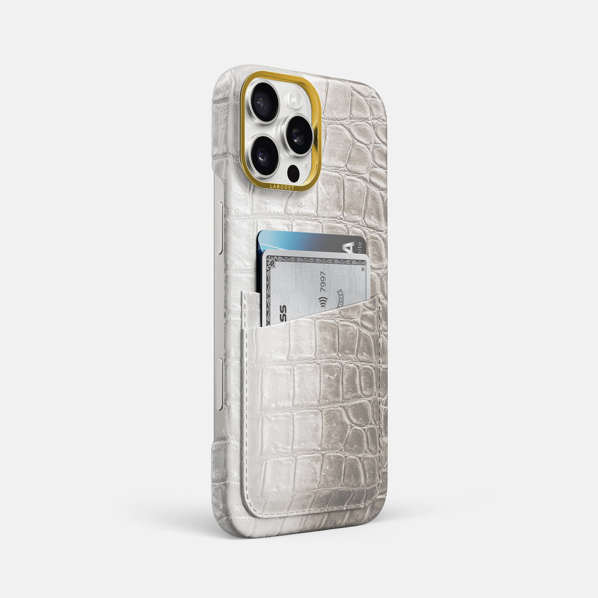 Grey iPhone 16 Pro Max Card Case Himalayan Crocodile with Gold Metal -2 | Grey-Gold