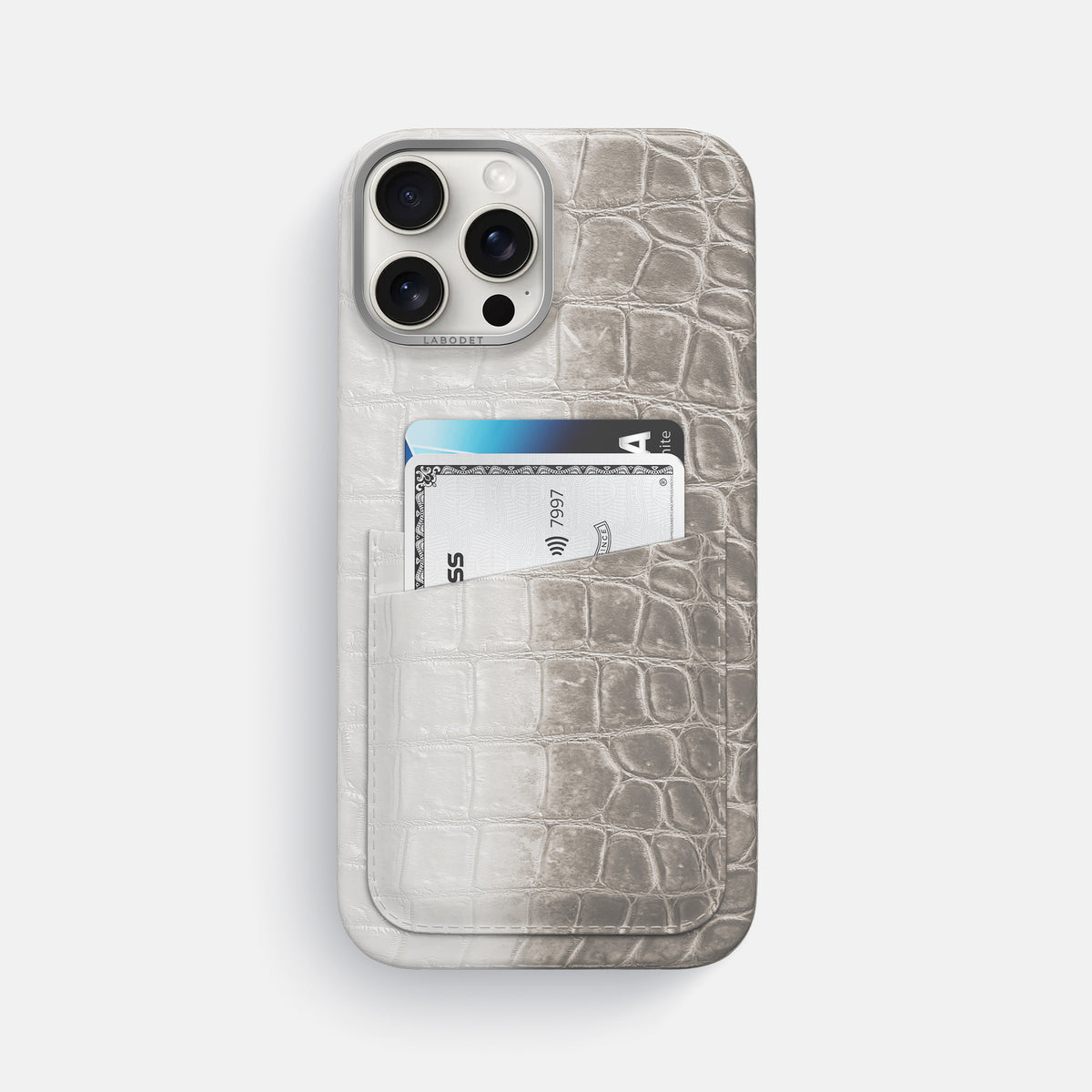 Grey iPhone 16 Pro Max Card Case Himalayan Crocodile with Steel Metal -1 | Grey-Steel
