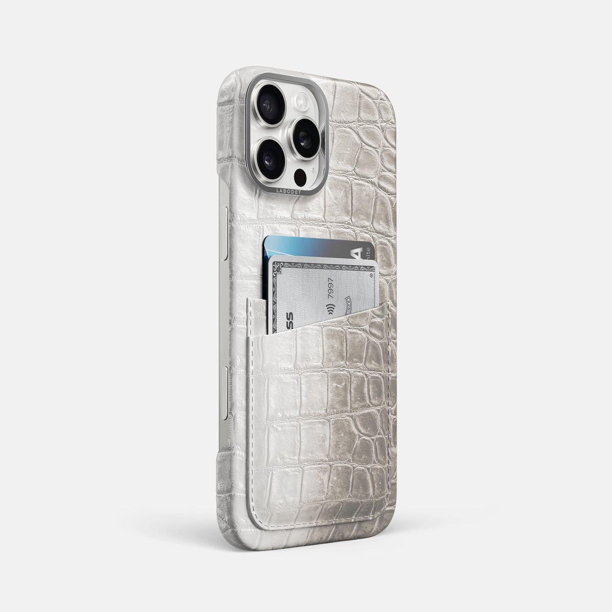 Grey iPhone 16 Pro Max Card Case Himalayan Crocodile with Steel Metal -2 | Grey-Steel