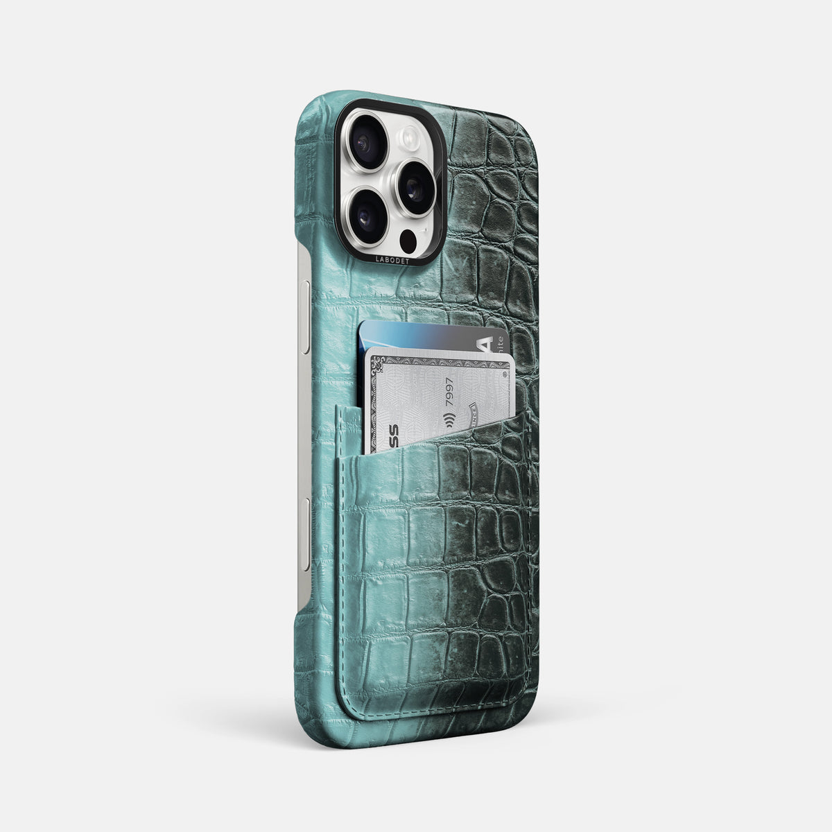Light-Mint iPhone 16 Pro Max Card Case Himalayan Crocodile with Black Metal -2 | Light-Mint-Black