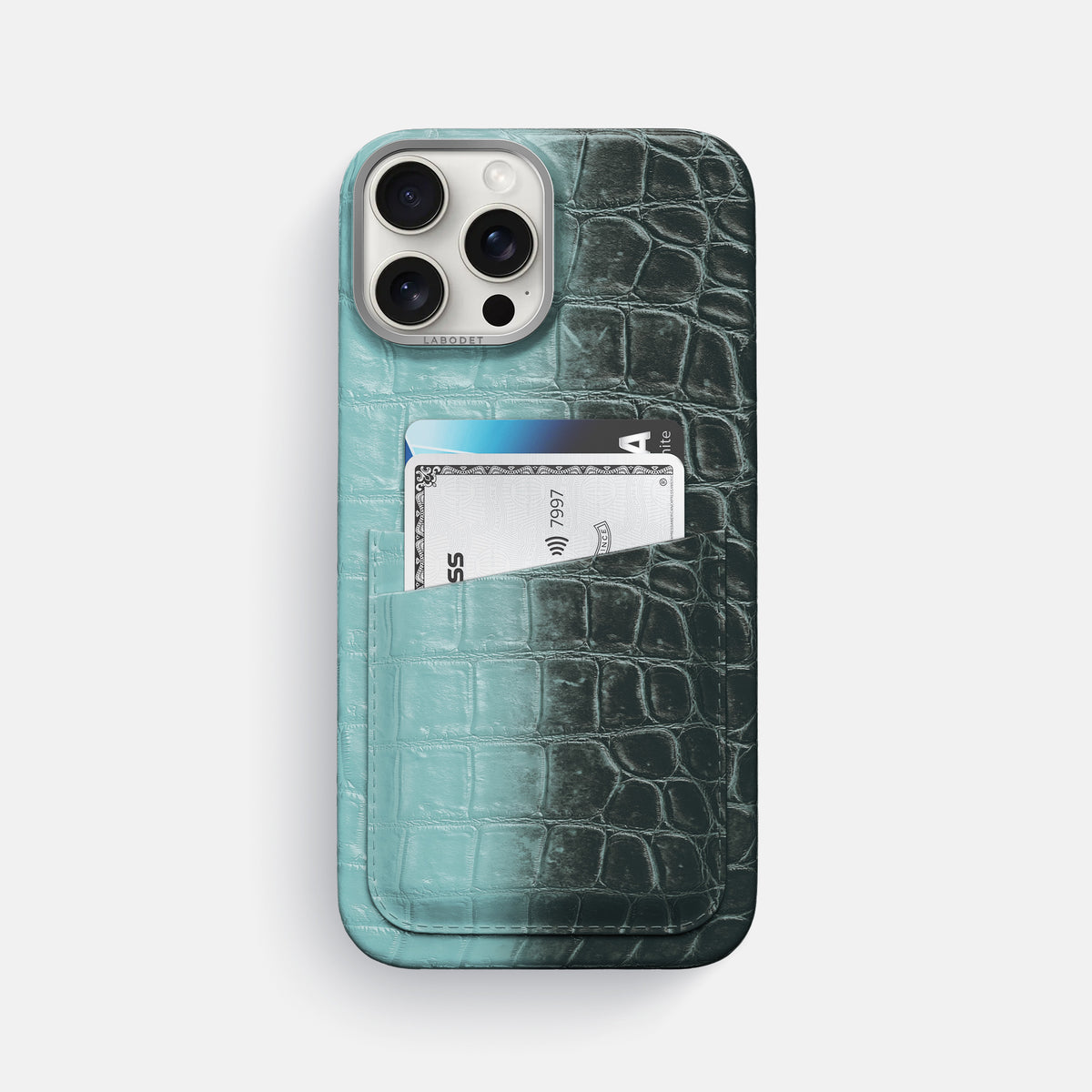 Light-Mint iPhone 16 Pro Max Card Case Himalayan Crocodile with Steel Metal -1 | Light-Mint-Steel