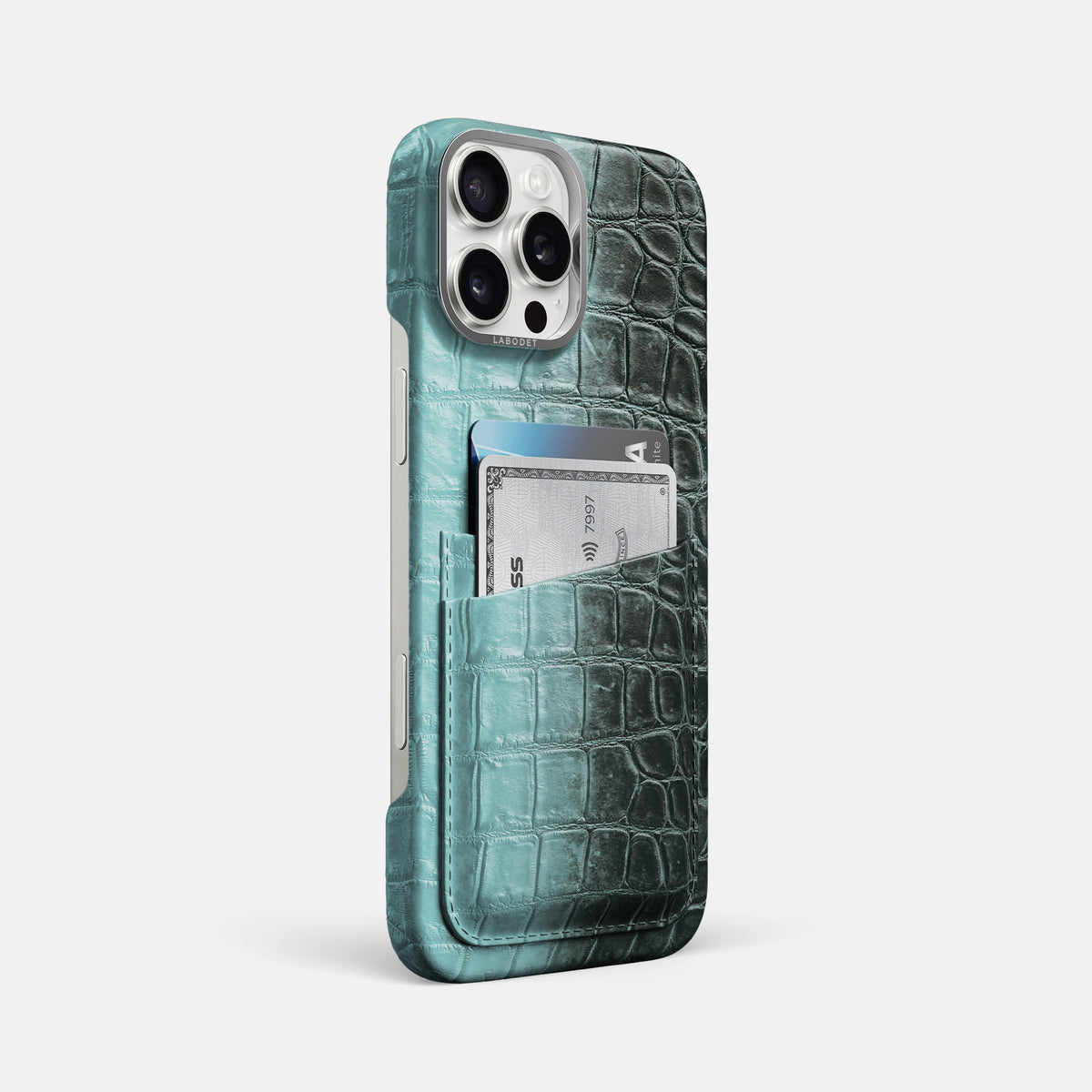 Light-Mint iPhone 16 Pro Max Card Case Himalayan Crocodile with Steel Metal -2 | Light-Mint-Steel