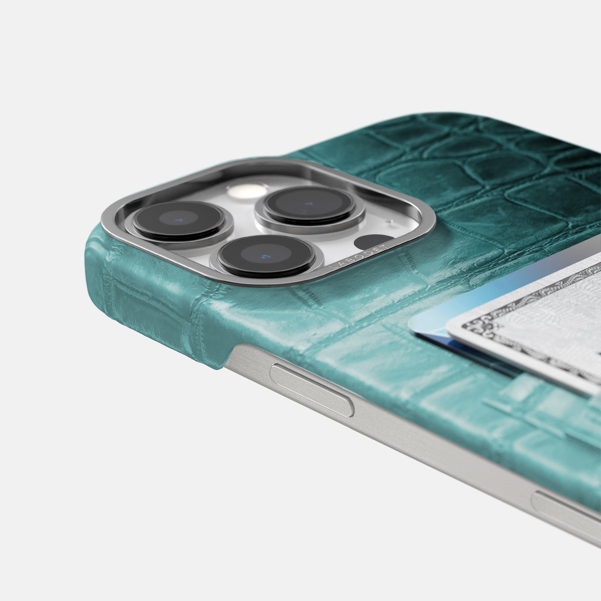 Light-Mint iPhone 16 Pro Max Card Case Himalayan Crocodile with Steel Metal -5 | Light-Mint-Steel