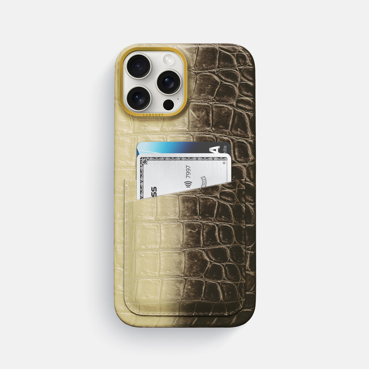 Natural iPhone 16 Pro Max Card Case Himalayan Crocodile with Gold Metal -1 | Natural-Gold