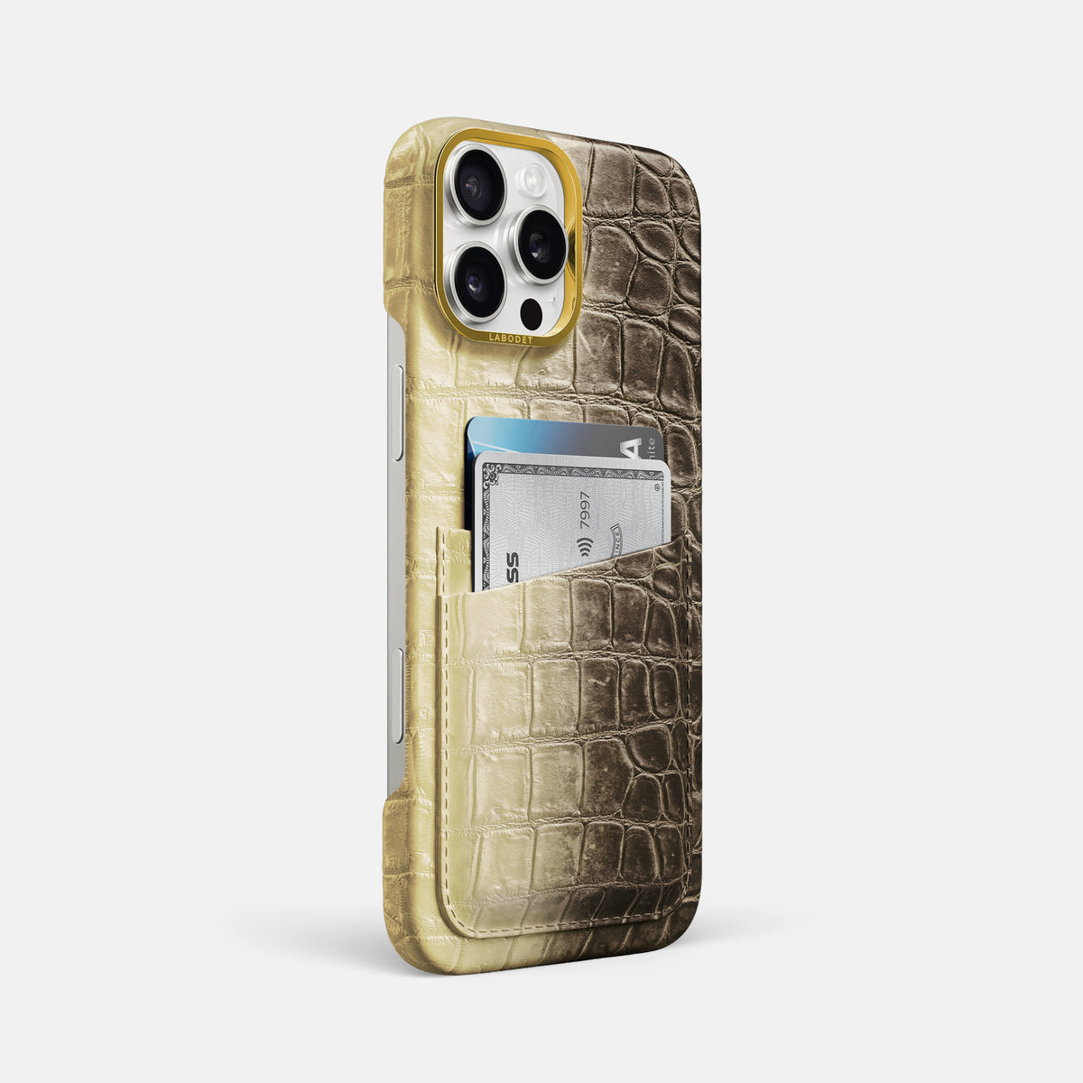 Natural iPhone 16 Pro Max Card Case Himalayan Crocodile with Gold Metal -2 | Natural-Gold