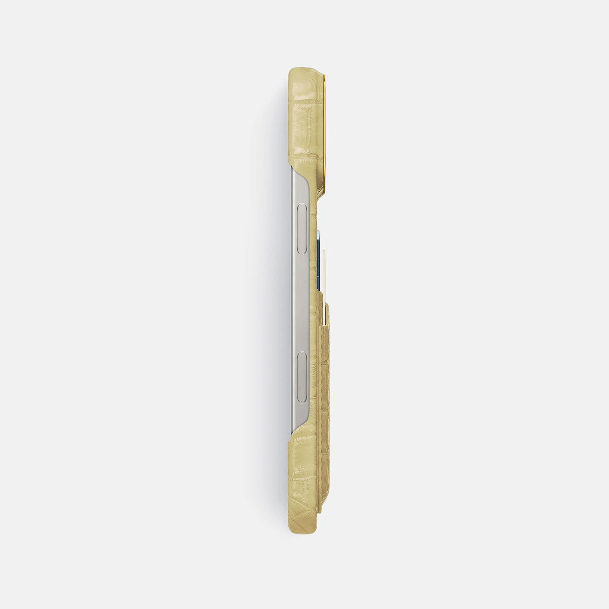 Natural iPhone 16 Pro Max Card Case Himalayan Crocodile with Gold Metal -3 | Natural-Gold