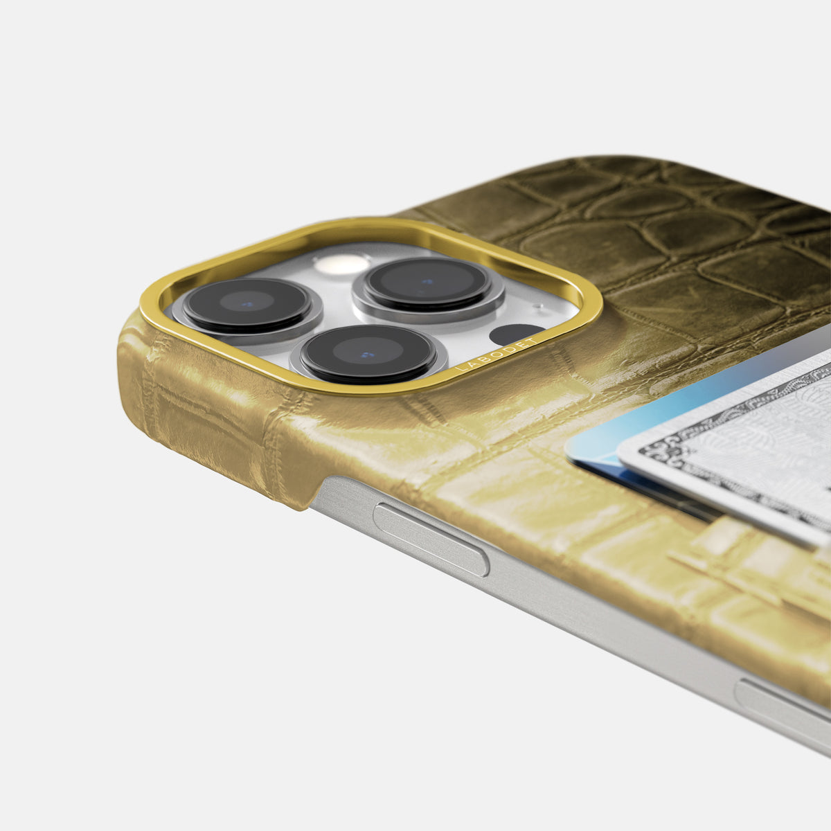 Natural iPhone 16 Pro Max Card Case Himalayan Crocodile with Gold Metal -5 | Natural-Gold