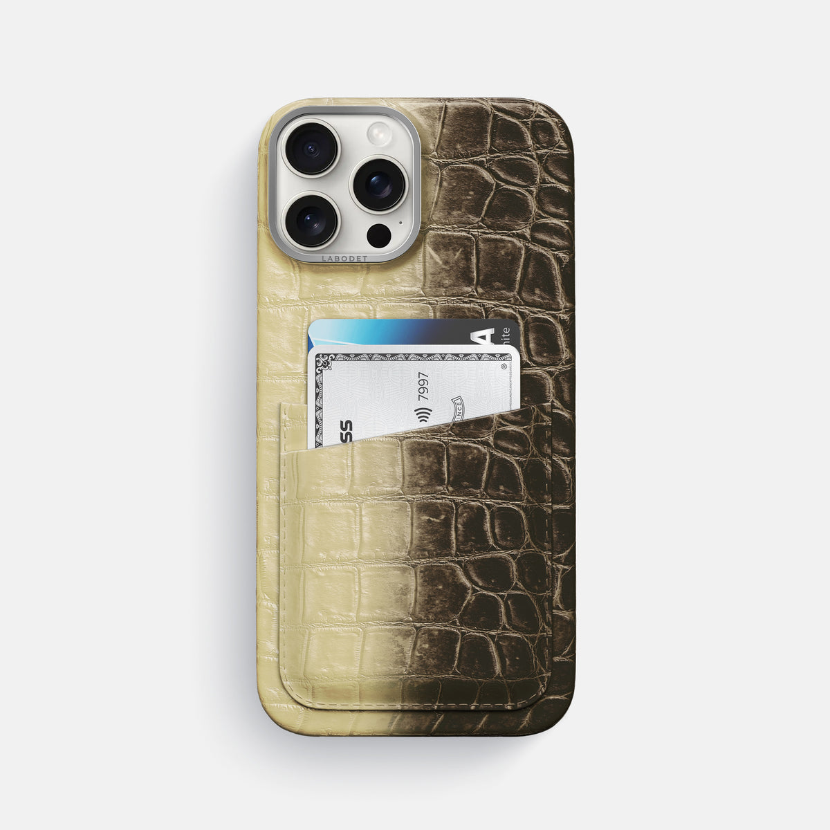Natural iPhone 16 Pro Max Card Case Himalayan Crocodile with Steel Metal -1 | Natural-Steel