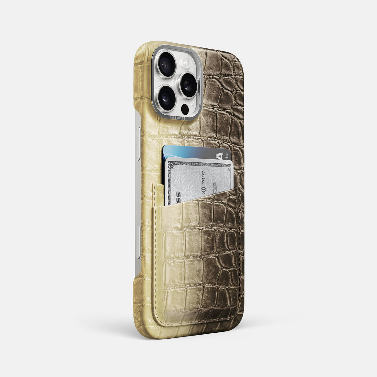 Natural iPhone 16 Pro Max Card Case Himalayan Crocodile with Steel Metal -2 | Natural-Steel