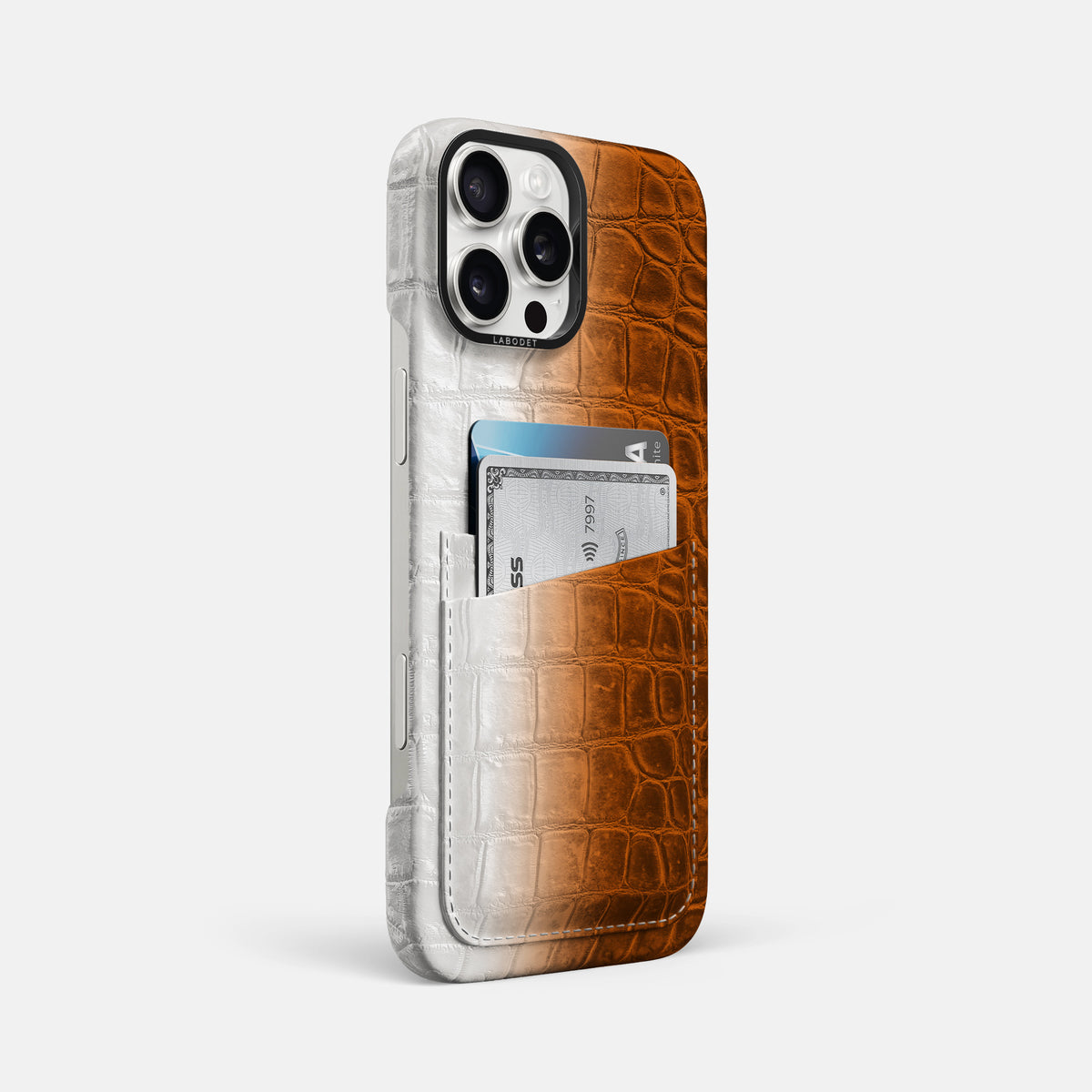 Orange iPhone 16 Pro Max Card Case Himalayan Crocodile with Black Metal -2 | Orange-Black