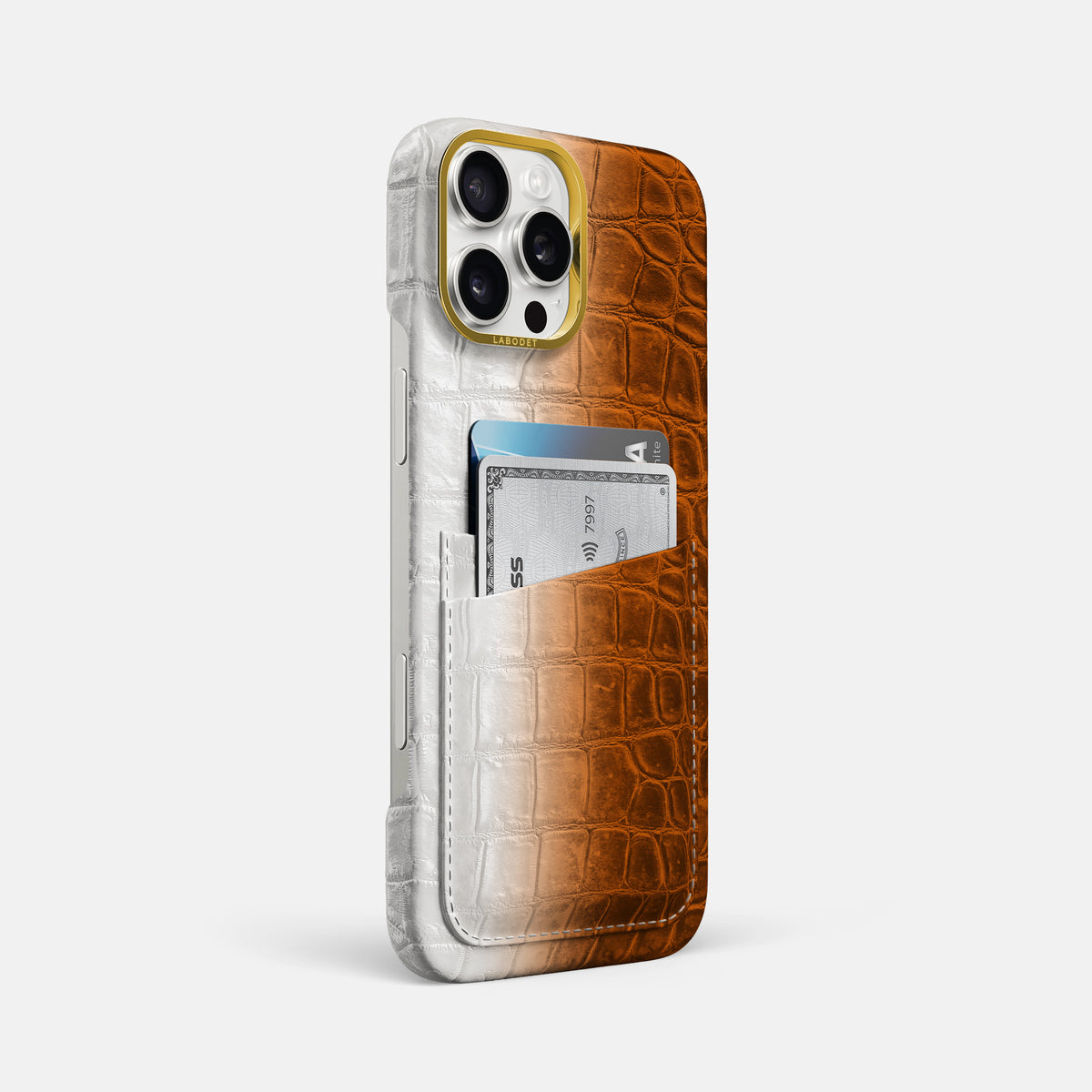 Orange iPhone 16 Pro Max Card Case Himalayan Crocodile with Gold Metal -2 | Orange-Gold