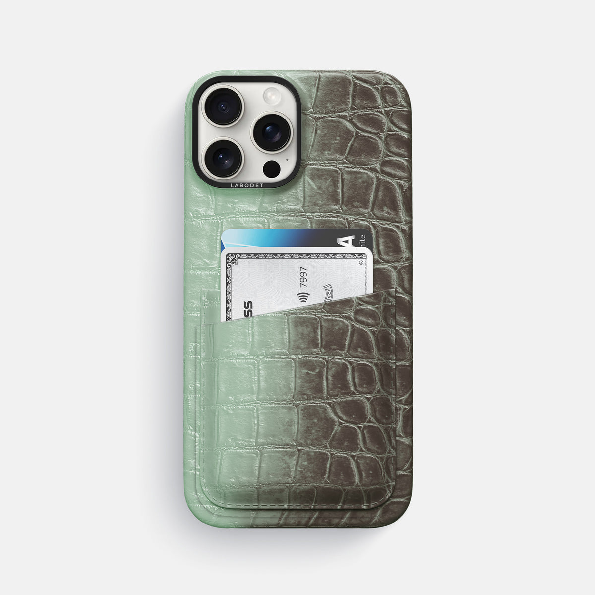 Pistachio iPhone 16 Pro Max Card Case Himalayan Crocodile with Black Metal -1 | Pistachio-Black