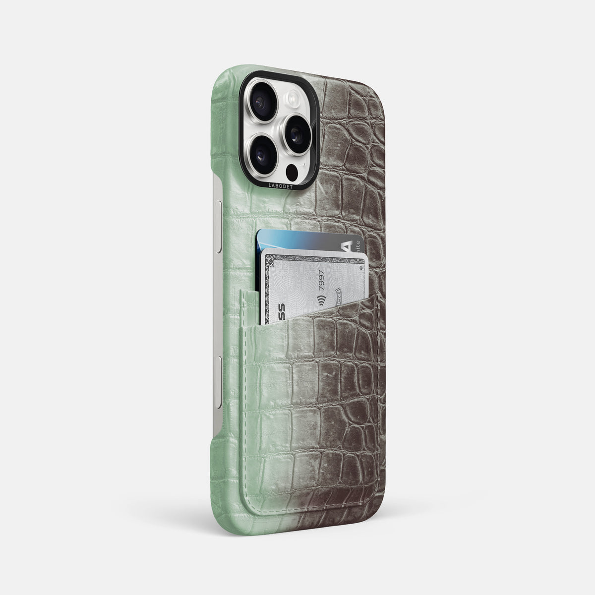 Pistachio iPhone 16 Pro Max Card Case Himalayan Crocodile with Black Metal -2 | Pistachio-Black