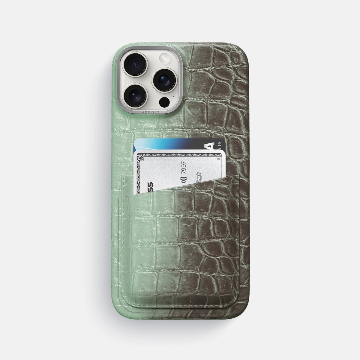Pistachio iPhone 16 Pro Max Card Case Himalayan Crocodile with Steel Metal -1 | Pistachio-Steel