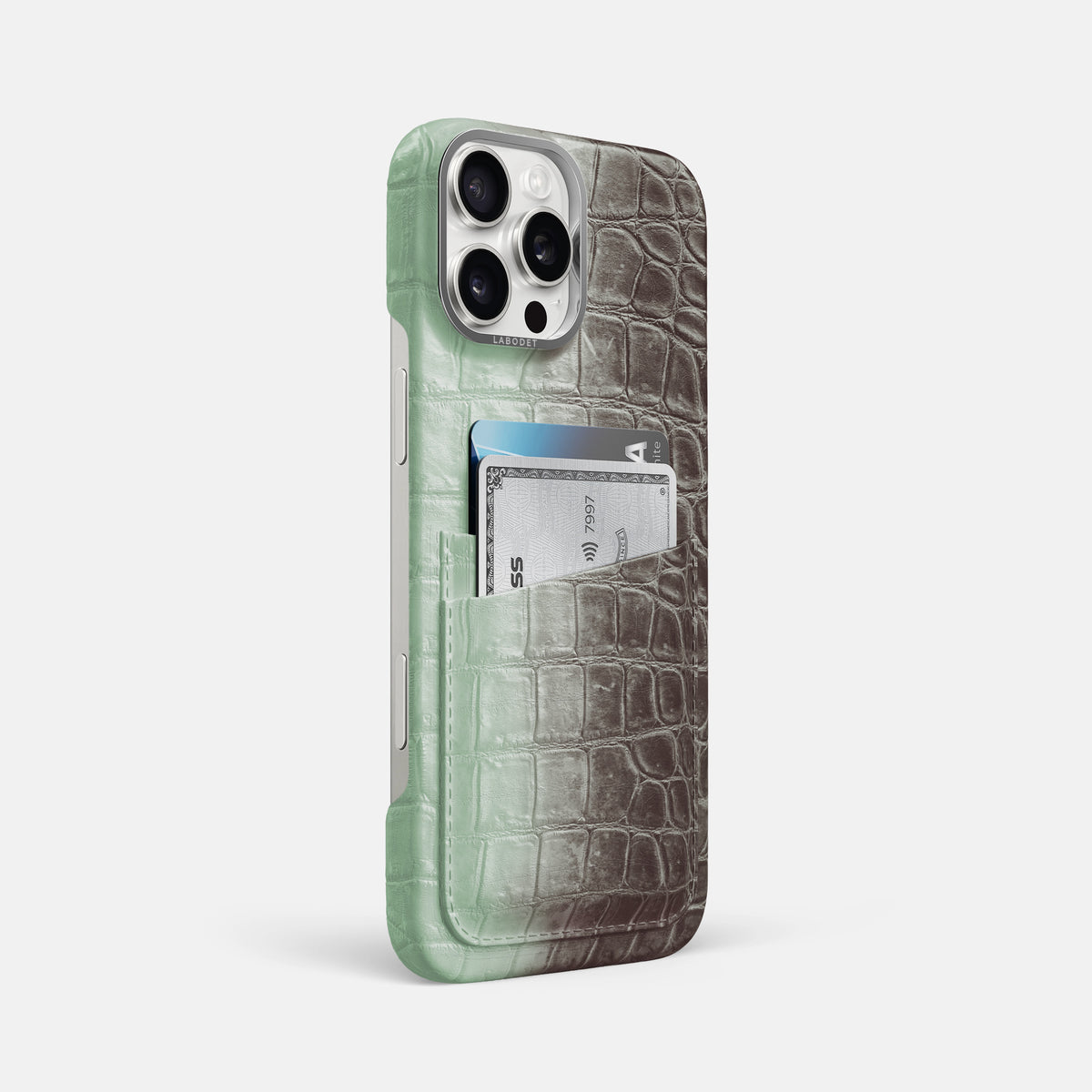 Pistachio iPhone 16 Pro Max Card Case Himalayan Crocodile with Steel Metal -2 | Pistachio-Steel