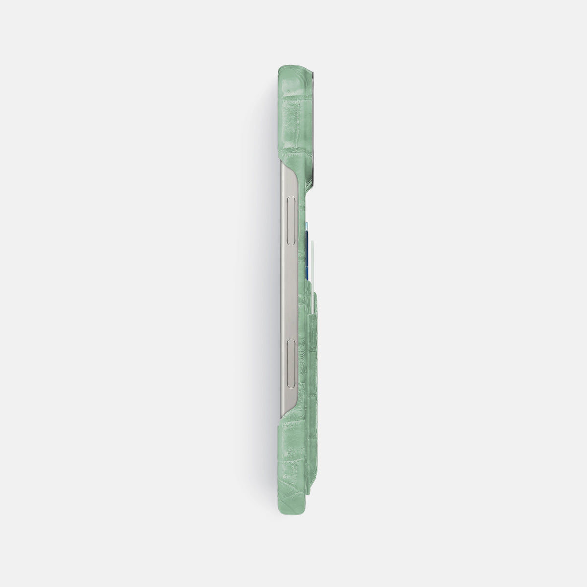 Pistachio iPhone 16 Pro Max Card Case Himalayan Crocodile with Steel Metal -3 | Pistachio-Steel