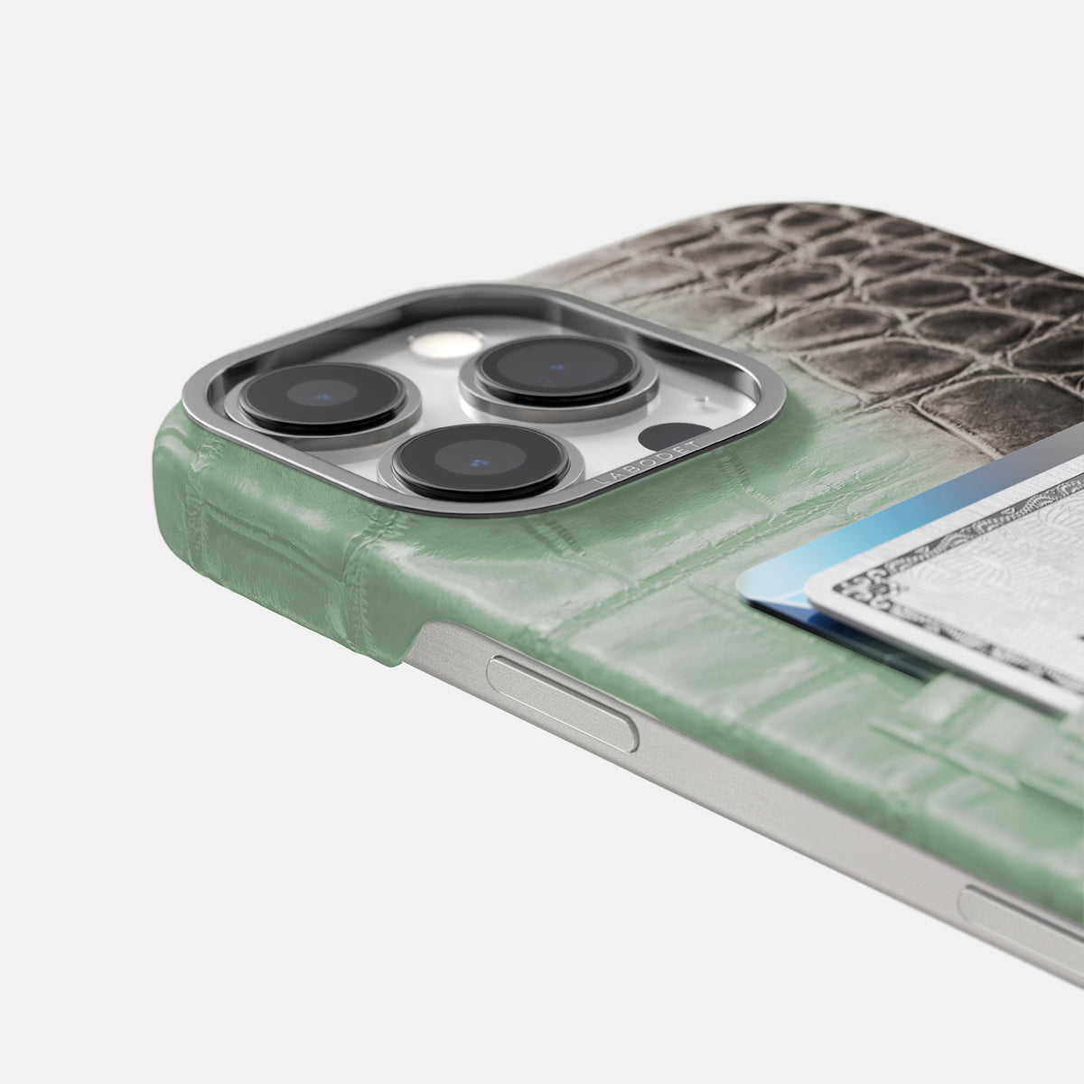 Pistachio iPhone 16 Pro Max Card Case Himalayan Crocodile with Steel Metal -5 | Pistachio-Steel