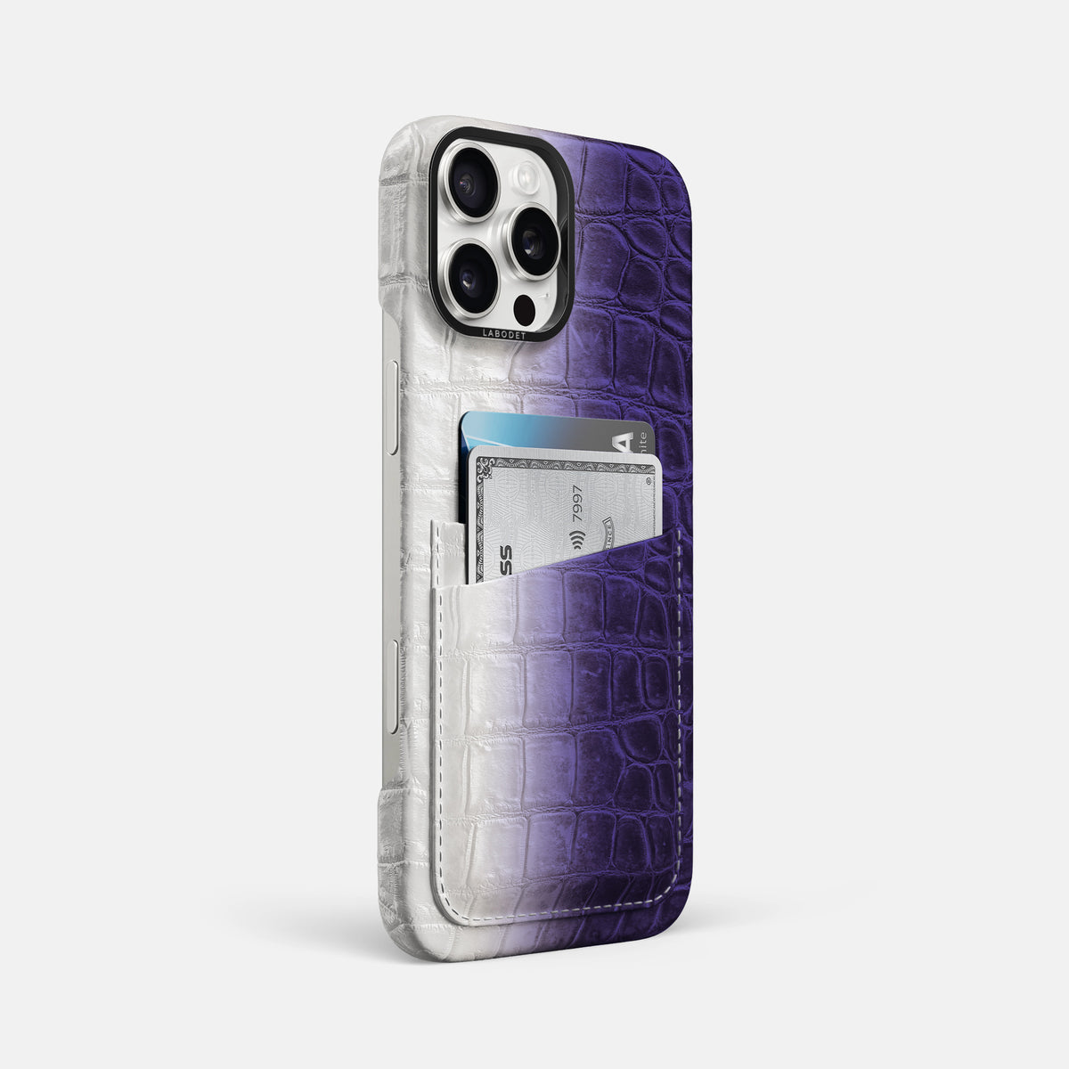 Purple iPhone 16 Pro Max Card Case Himalayan Crocodile with Black Metal -2 | Purple-Black