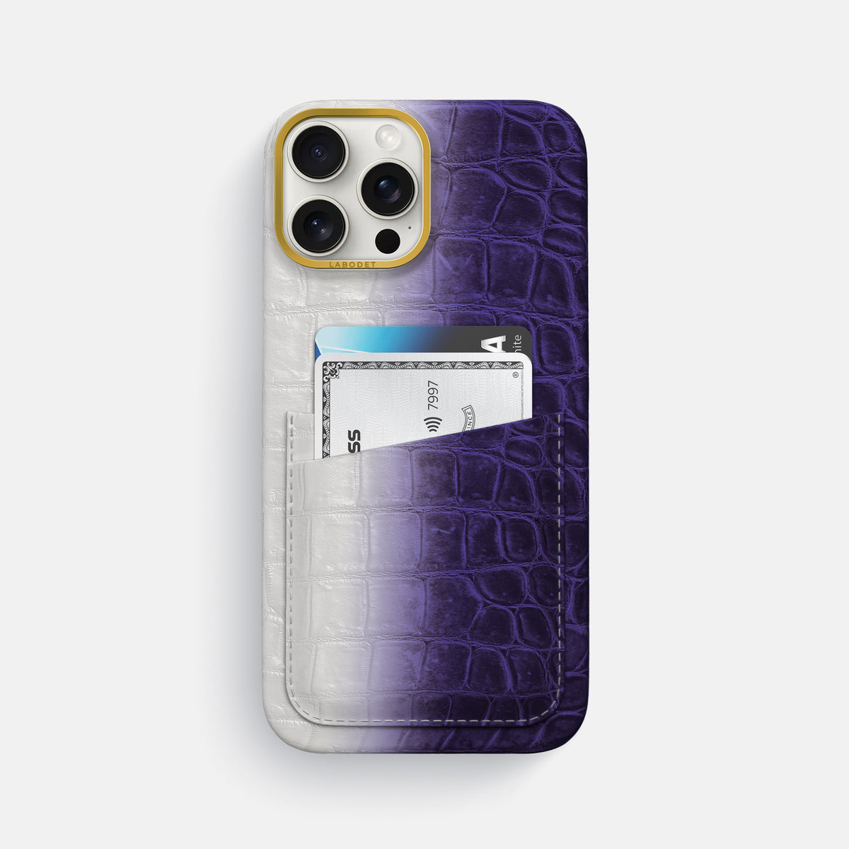 Purple iPhone 16 Pro Max Card Case Himalayan Crocodile with Gold Metal -1 | Purple-Gold