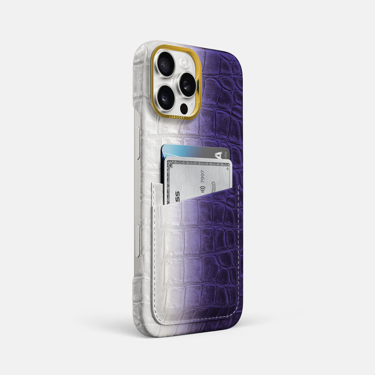 Purple iPhone 16 Pro Max Card Case Himalayan Crocodile with Gold Metal -2 | Purple-Gold