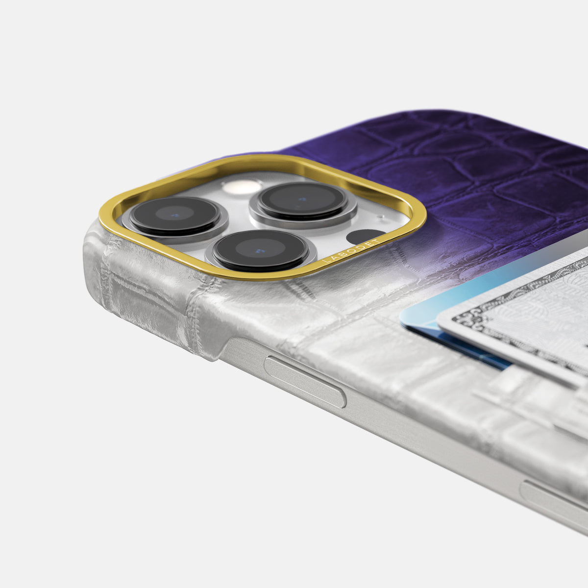 Purple iPhone 16 Pro Max Card Case Himalayan Crocodile with Gold Metal -5 | Purple-Gold