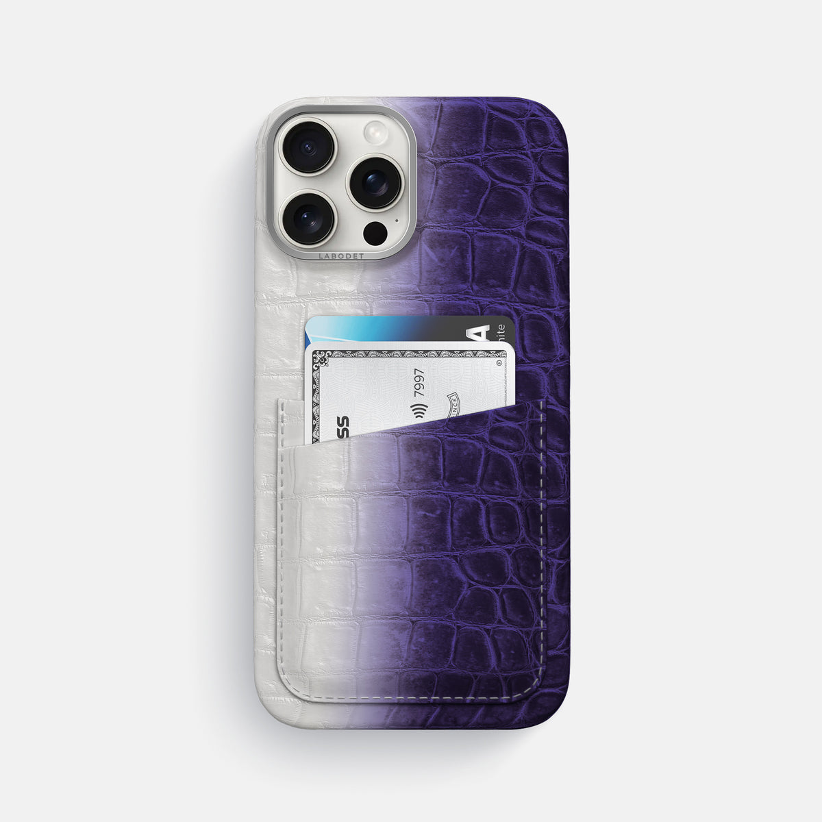 Purple iPhone 16 Pro Max Card Case Himalayan Crocodile with Steel Metal -1 | Purple-Steel
