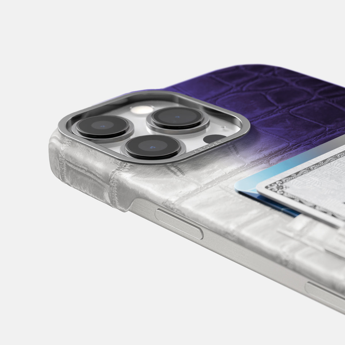 Purple iPhone 16 Pro Max Card Case Himalayan Crocodile with Steel Metal -5 | Purple-Steel