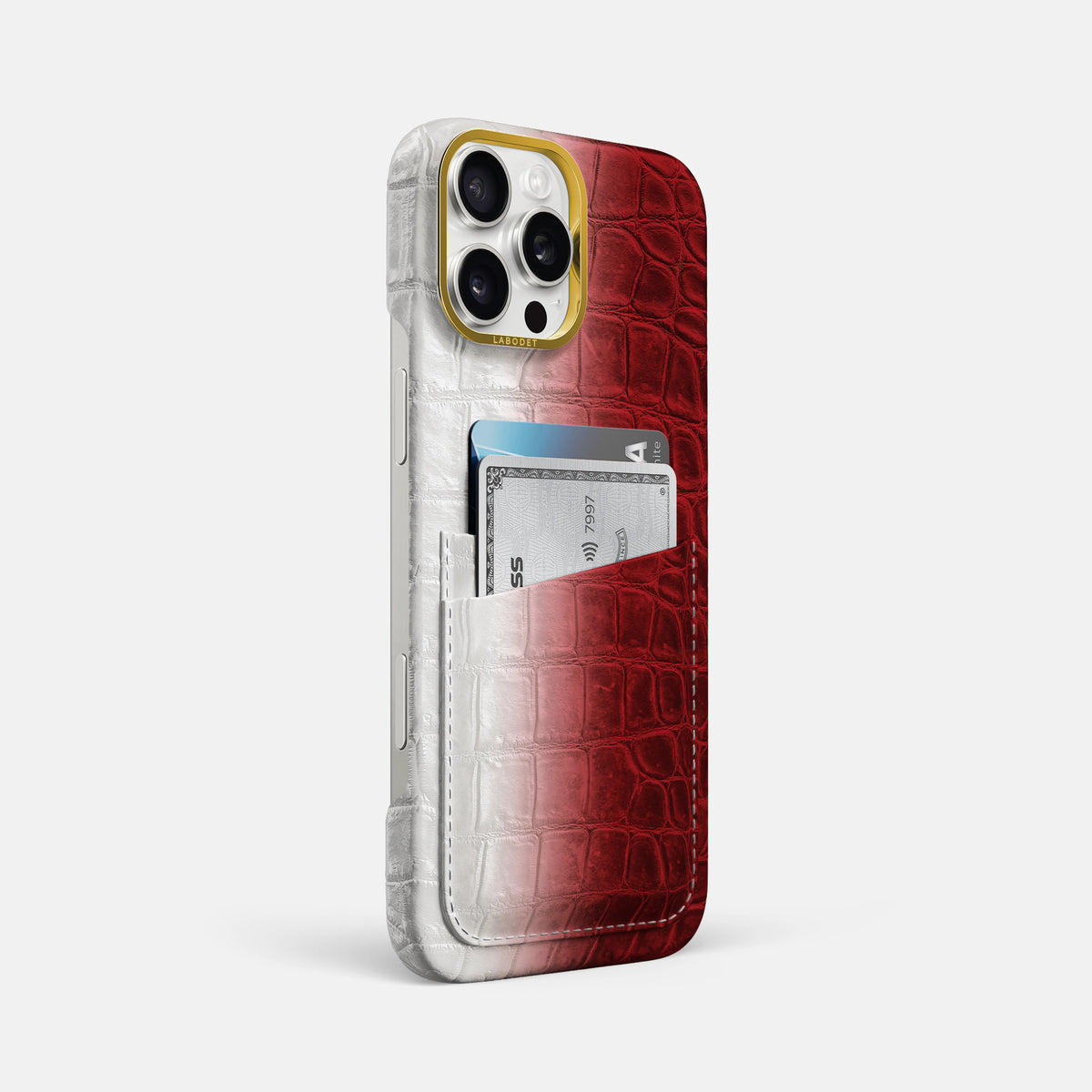 Red iPhone 16 Pro Max Card Case Himalayan Crocodile with Gold Metal -2 | Red-Gold