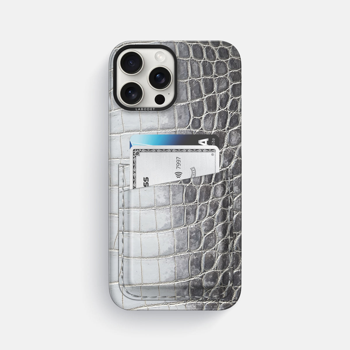 Silver iPhone 16 Pro Max Card Case Himalayan Crocodile with Black Metal -1 | Silver-Black