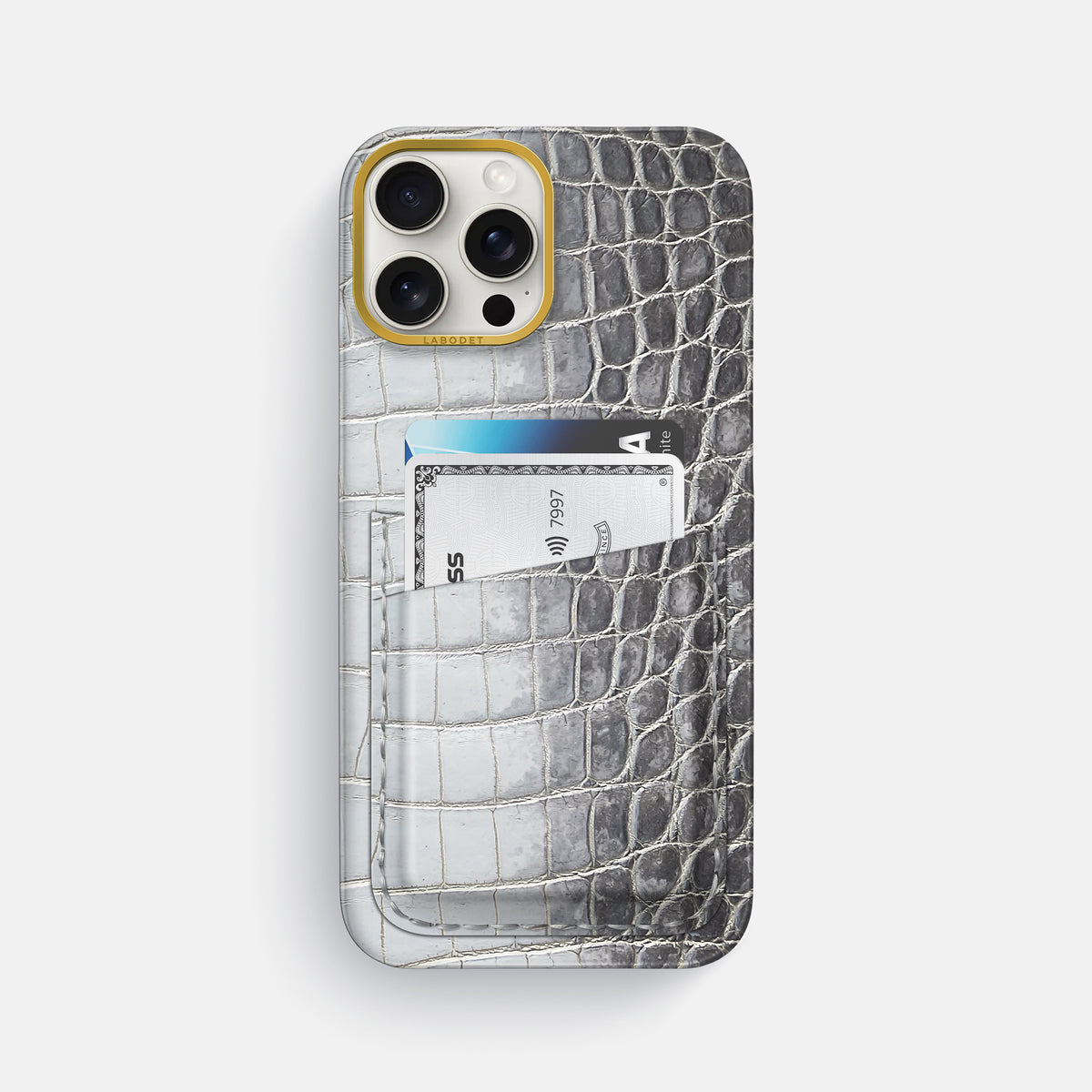 Silver iPhone 16 Pro Max Card Case Himalayan Crocodile with Gold Metal -1 | Silver-Gold