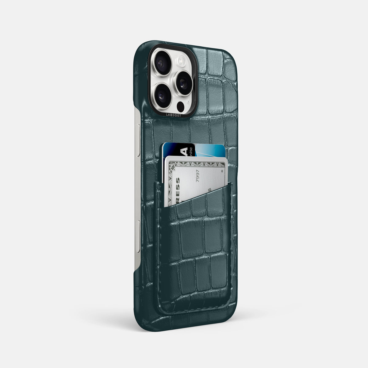 Metallic-Blue iPhone 16 Pro Max Card Case Alligator with Black Metal -2 | Metallic-Blue-Black