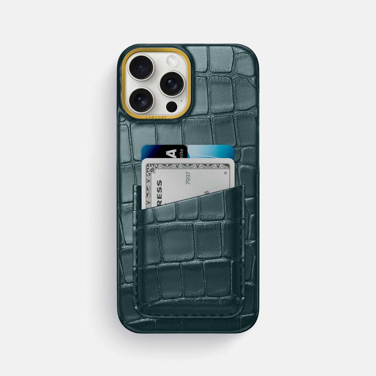 Metallic-Blue iPhone 16 Pro Max Card Case Alligator with Gold Metal -1 | Metallic-Blue-Gold