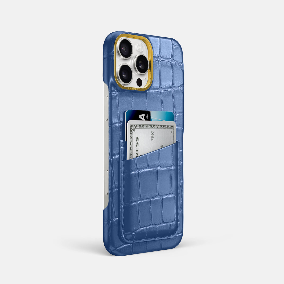 Pearlized-Blue iPhone 16 Pro Max Card Case Alligator with Gold Metal -2 | Pearlized-Blue-Gold