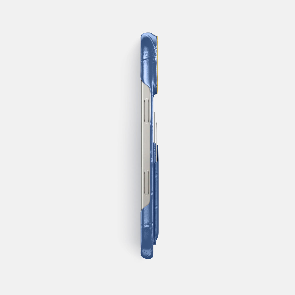 Pearlized-Blue iPhone 16 Pro Max Card Case Alligator with Gold Metal -3 | Pearlized-Blue-Gold