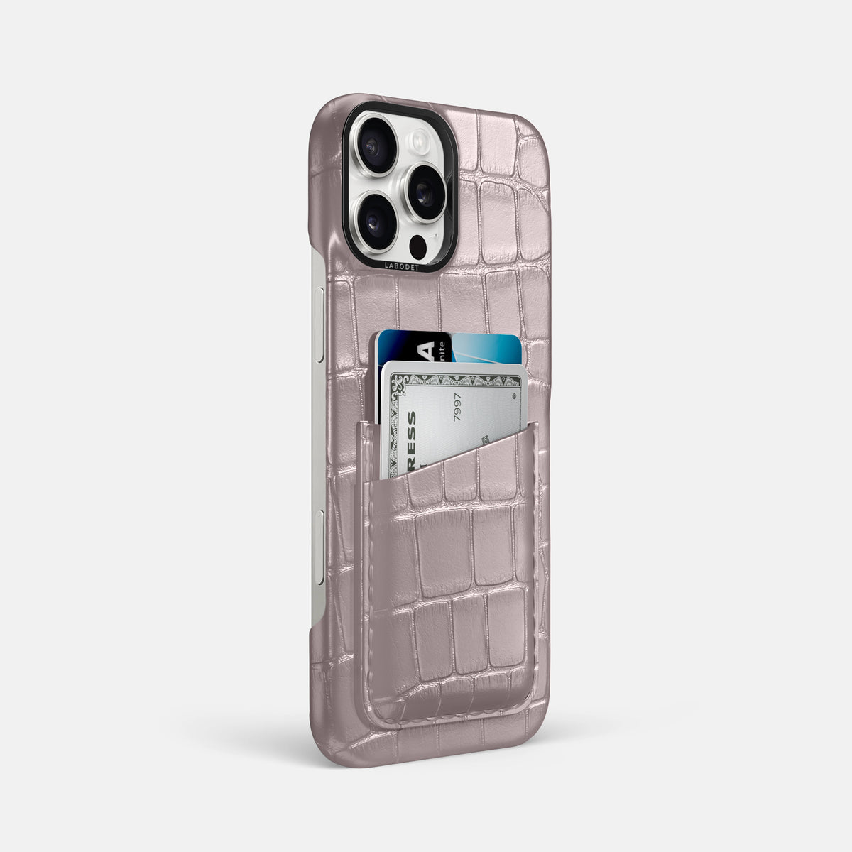 Pearlized-Pink iPhone 16 Pro Max Card Case Alligator with Black Metal -2 | Pearlized-Pink-Black