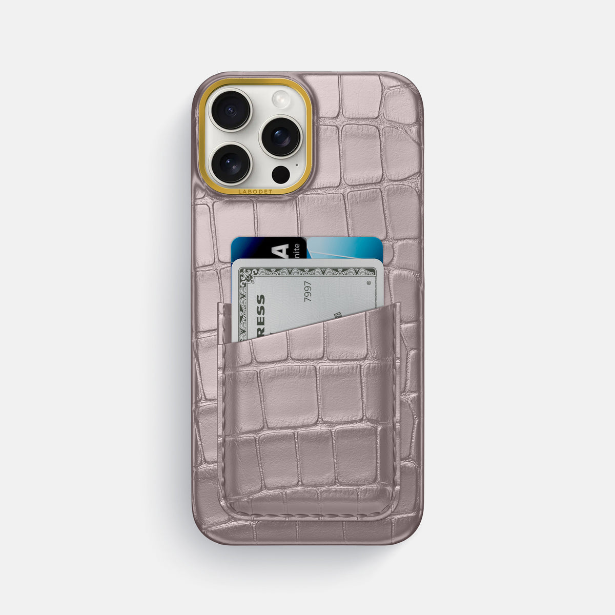 Pearlized-Pink iPhone 16 Pro Max Card Case Alligator with Gold Metal -1 | Pearlized-Pink-Gold
