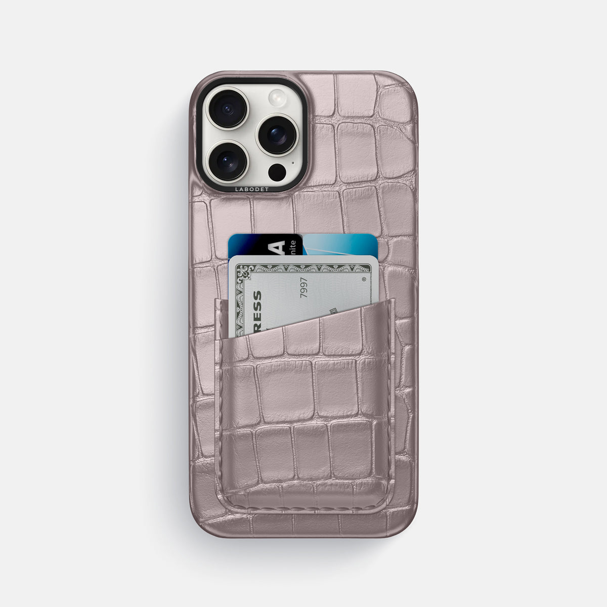 Pearlized-Pink iPhone 16 Pro Max Card Case Alligator with Steel Metal -1 | Pearlized-Pink-Steel