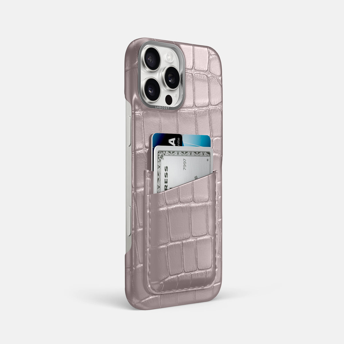 Pearlized-Pink iPhone 16 Pro Max Card Case Alligator with Steel Metal -2 | Pearlized-Pink-Steel