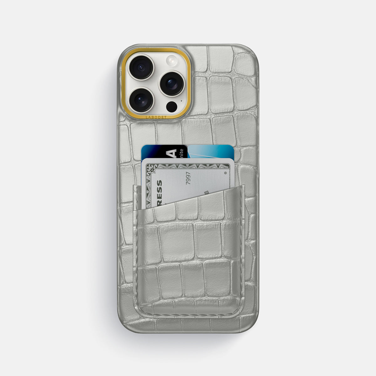 Pearlized-White iPhone 16 Pro Max Card Case Alligator with Gold Metal -1 | Pearlized-White-Gold