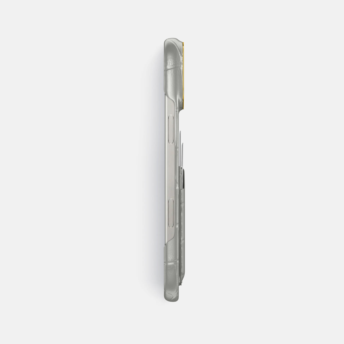Pearlized-White iPhone 16 Pro Max Card Case Alligator with Gold Metal -3 | Pearlized-White-Gold