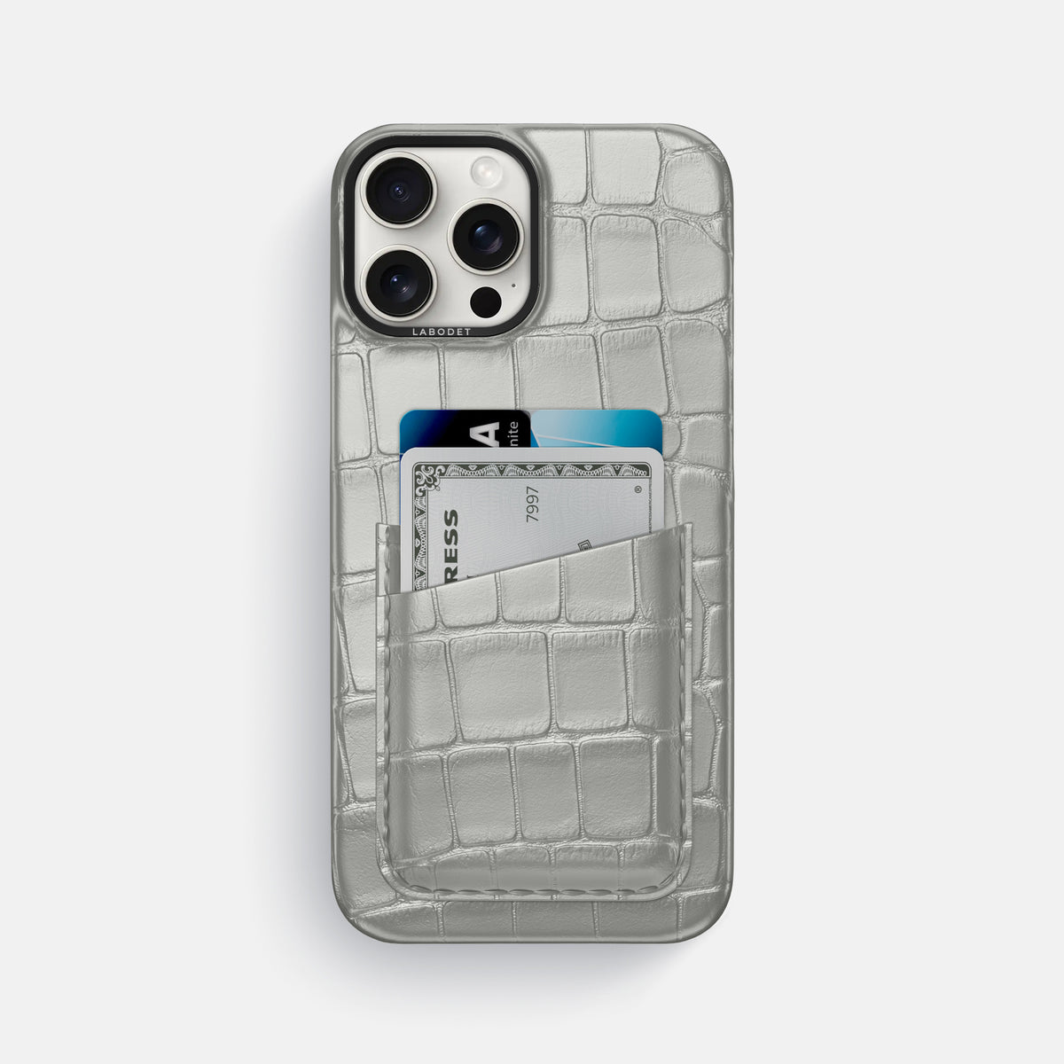 Pearlized-White iPhone 16 Pro Max Card Case Alligator with Steel Metal -1 | Pearlized-White-Steel