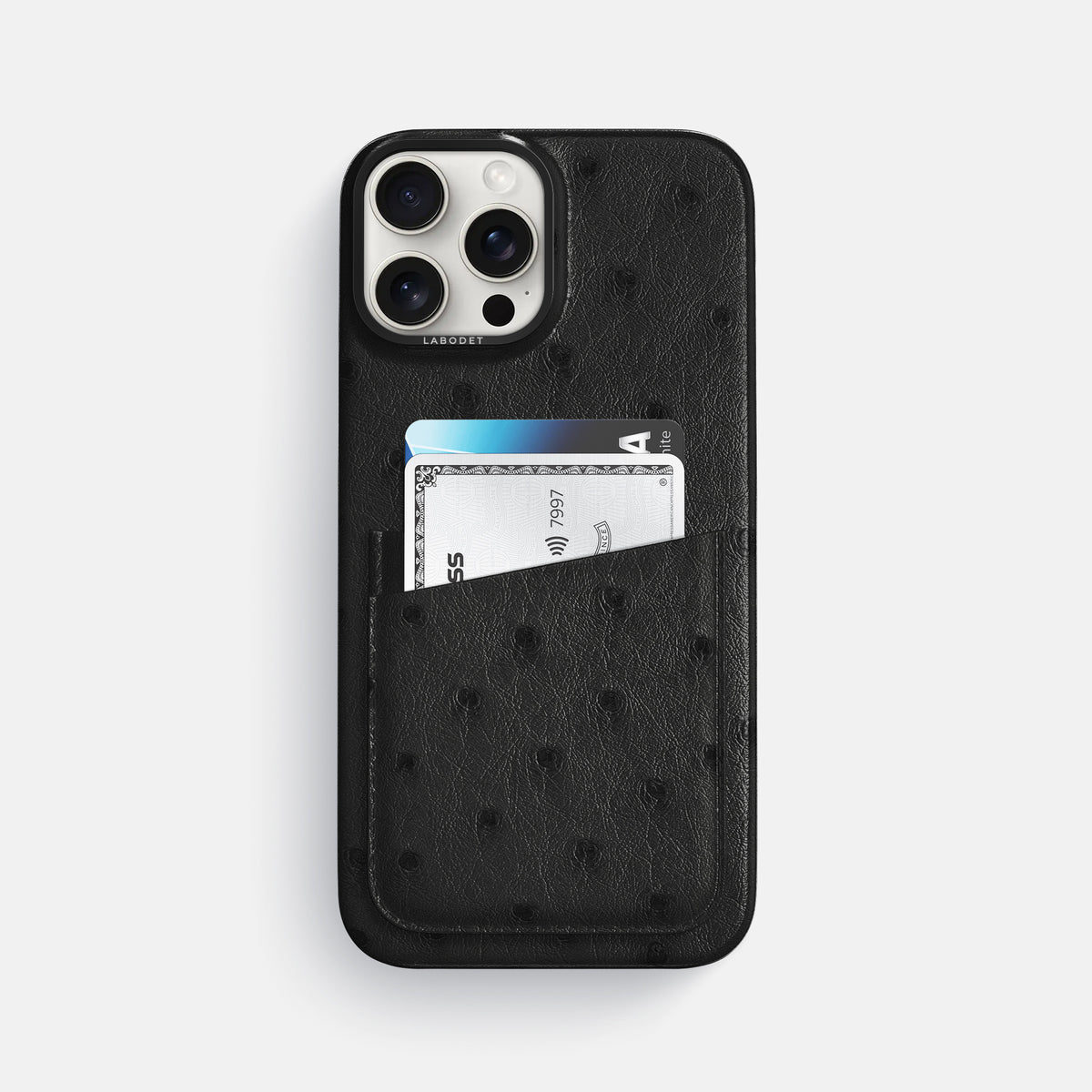 Black iPhone 16 Pro Max Card Case Ostrich with Black Metal -1 | Black-Black