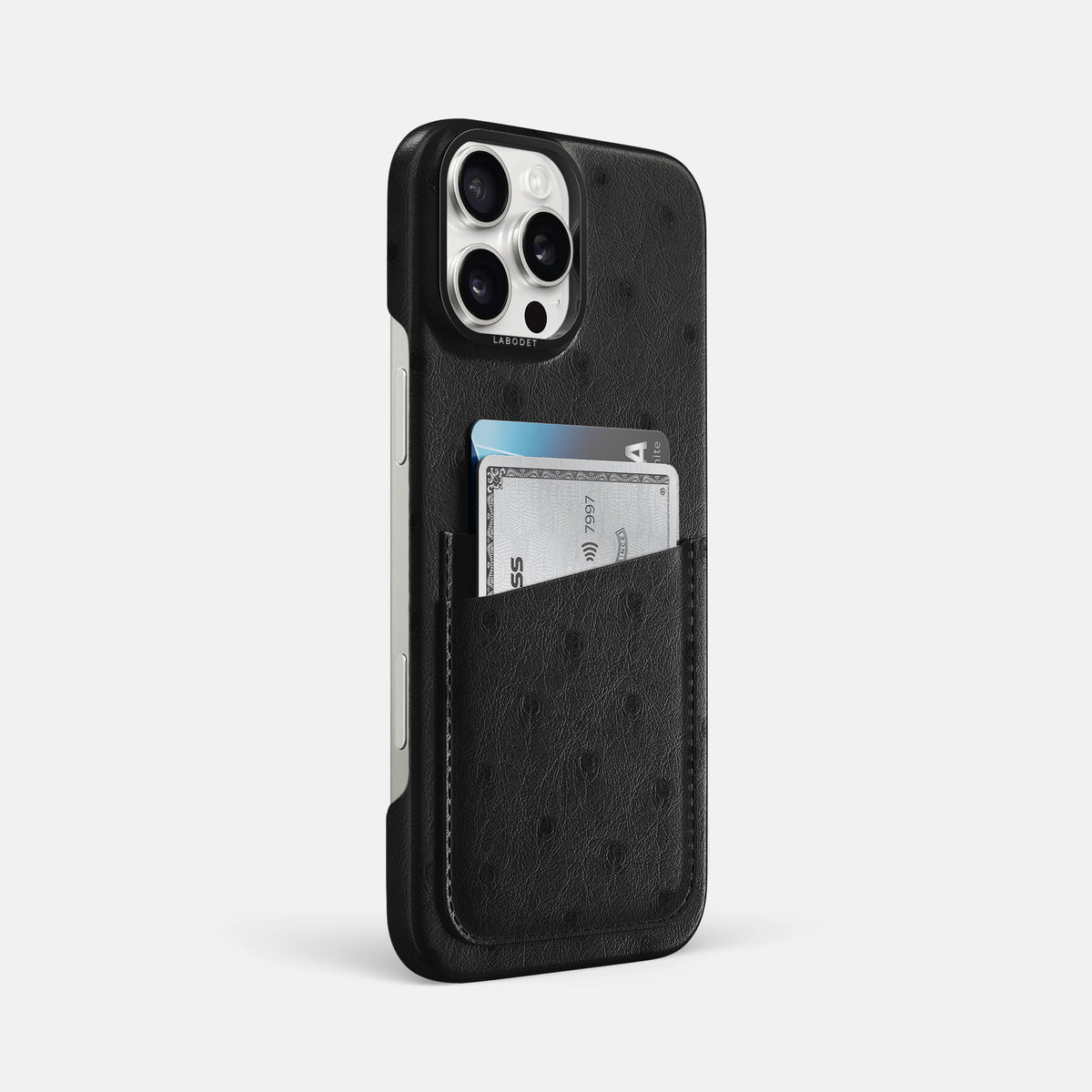 Black iPhone 16 Pro Max Card Case Ostrich with Black Metal -2 | Black-Black
