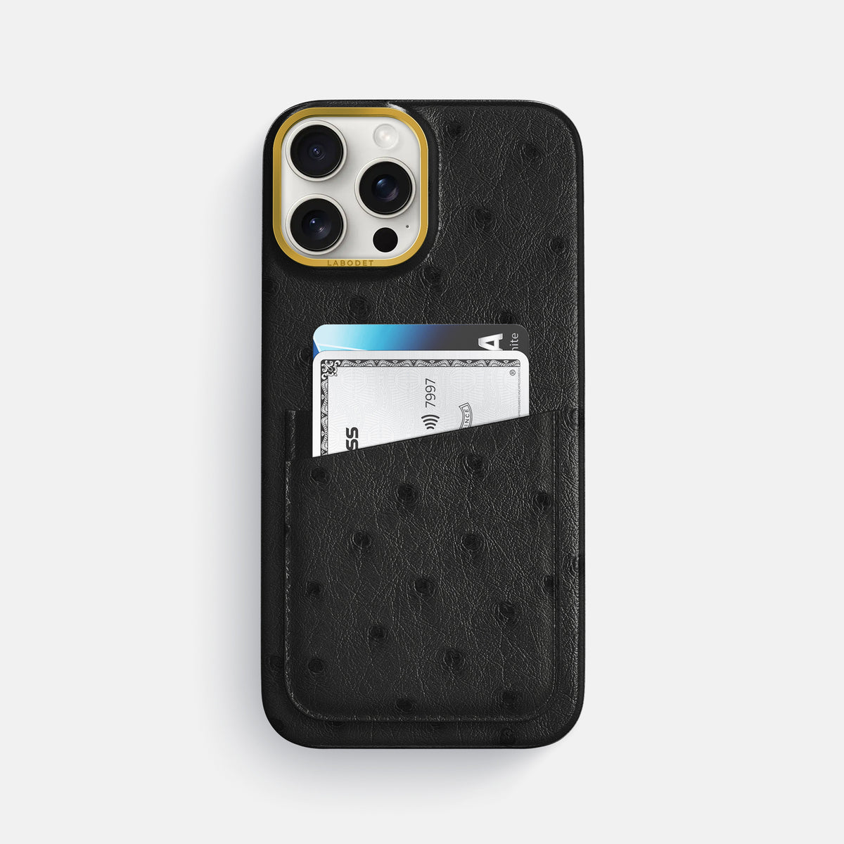 Black iPhone 16 Pro Max Card Case Ostrich with Gold Metal -1 | Black-Gold
