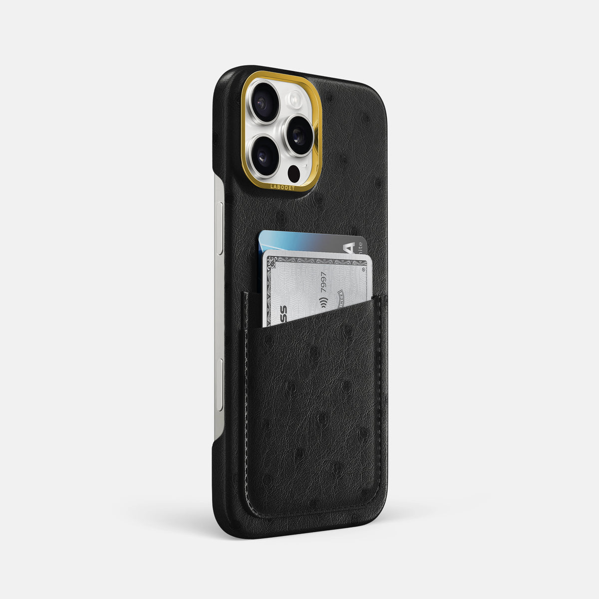 Black iPhone 16 Pro Max Card Case Ostrich with Gold Metal -2 | Black-Gold