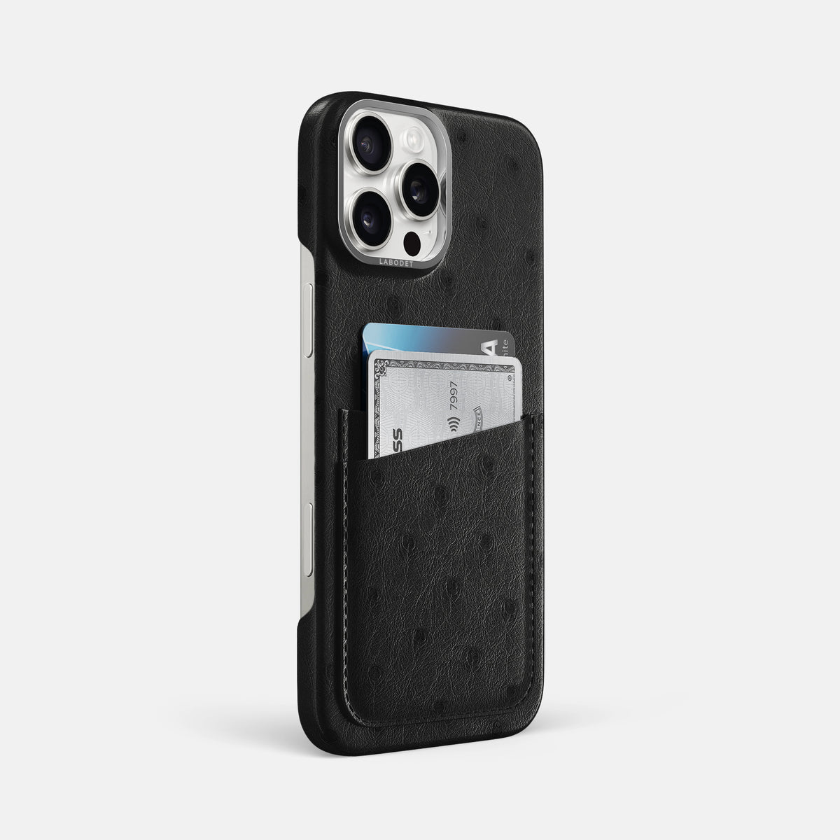 Black iPhone 16 Pro Max Card Case Ostrich with Steel Metal -2 | Black-Steel